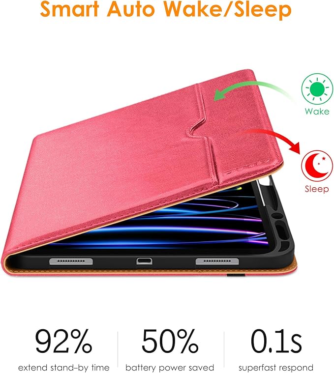 DTTO for iPad Pro 12.9 6th / 5th / 4th / 3rd Generation Case 2022/2021/2020/2018, Leather Folio Stand Cover with Built-in Apple Pencil Holder -Auto Wake/Sleep and Multi Viewing Angles,Rose Red