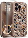 GVIEWIN for iPhone 16 Pro Case Compatible with MagSafe, [Military Grade Protection] [Screen Protector] Full Camera Protection Floral Translucent Women Magnetic Phone Case, Bunchflower/Brown