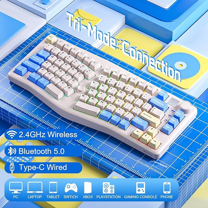 LEOBOG A75 Alice Keyboard, 75% Hot-Swappable Mechanical Keyboard with Knob & Cat Keycaps, 2.4G/USB-C/BT5.0 Cute Gaming Keyboard for PC/Mac/Win/Andriod, Barbie Switch - White