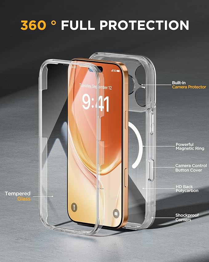 Miracase for iPhone 17 Pro Max Case 6.9" Full-Body Phone Case with Built-in Glass Screen Protector& Full Camera Protector,[Magnetic with MagSafe] Drop Proof 17 ProMax Cover, Clear