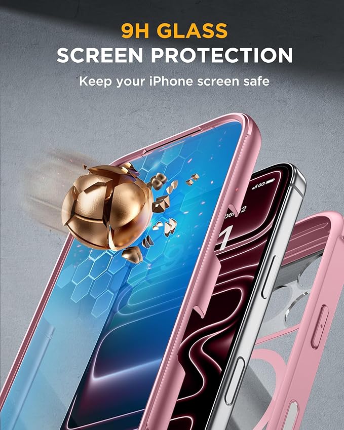 Miracase Magnetic for iPhone 17 Pro Case 6.3" [Compatible with MagSafe] Full-Body Phone Case with Built-in Glass Screen Protector & Camera Control,Drop Proof iPhone 17 Pro Cover, Pink
