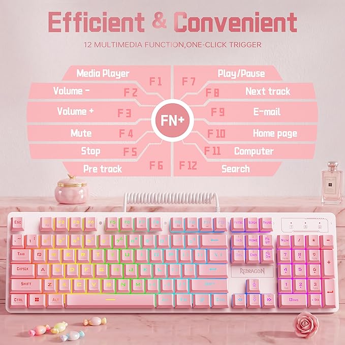 Redragon Updated S107WP Gaming Keyboard and Mouse, RGB Gaming Keyboard and 10000 DPI Mouse Combo with 25-Key Anti-Ghosting, 1K Hz Programmable Mice with Software, Plug & Play to PC, Laptop - Pink