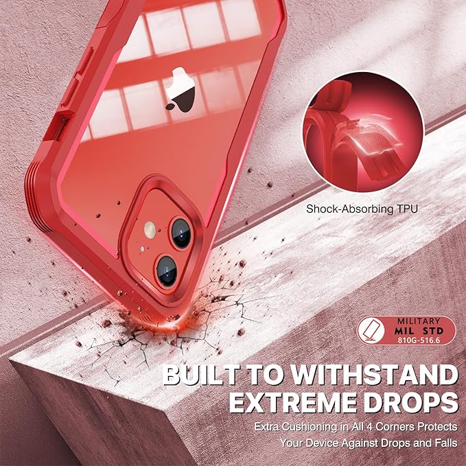 CENHUFO Privacy for iPhone 12 Case/iPhone 12 Pro Case, Full Body Phone Case with Built-in 9H Tempered Glass Privacy Screen Protector and Camera Lens Protector, Shockproof Bumper Clear Cover -Red