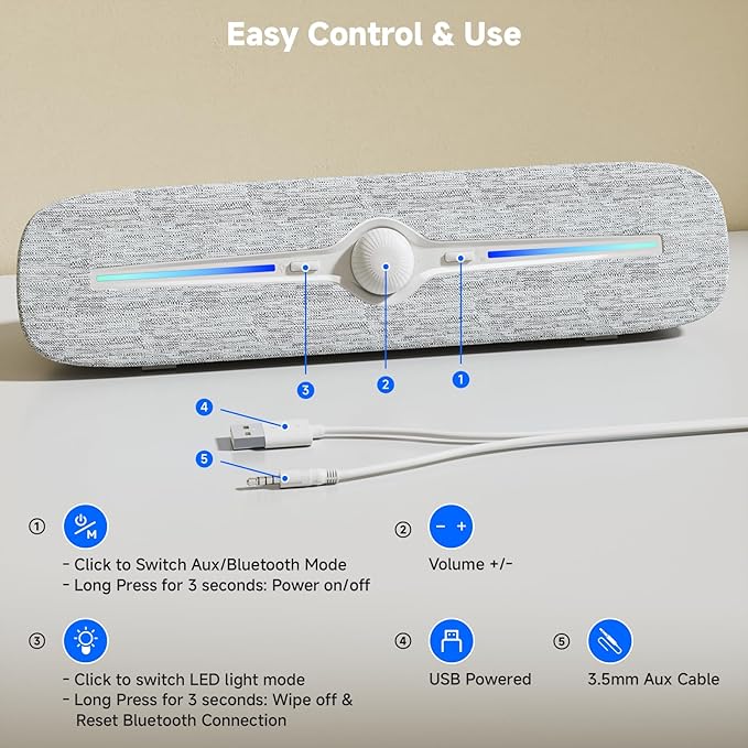 SOULION Computer Speakers for Desktop, USB Powered Bluetooth PC Speaker with Led Light, 3.5mm Aux Soundbar with Rotary Volume Control Button for Laptop Monitor White