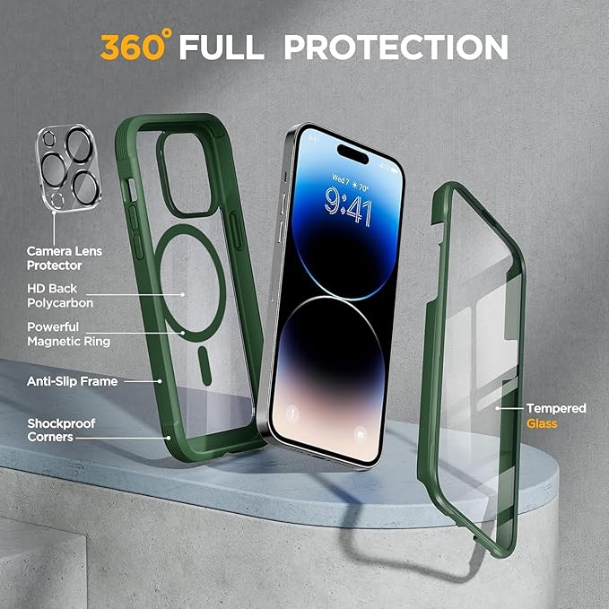Miracase Magnetic for iPhone 14 Pro Case 6.1 inch, (Compatible with MagSafe) Upgrade Full-Body Clear Phone Bumper Case with Built-in 9H Tempered Glass Screen Protector, Magnetic Acacia Green