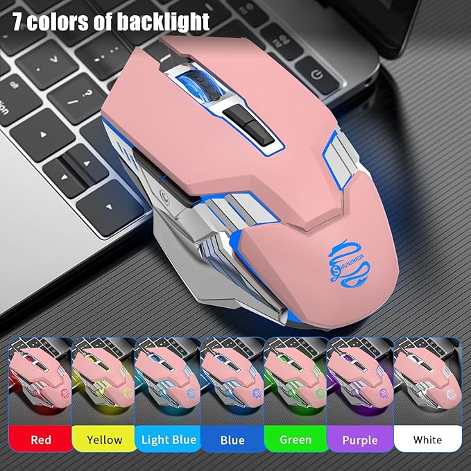 Bluetooth Wireless Gaming Mouse, RGB Rechargeable USB Wireless Mouse, Quiet Click, LED Backlit, Ergonomic, with Side Button, DPI Adjustable Computer Mice for Laptop PC MacBook Chromebook - Pink