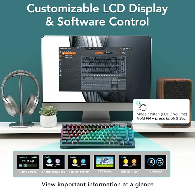 TECWARE Spectre 75 Mechanical Gaming Keyboard | Customizable LCD Screen Display & Knob | Tri-Mode Wireless Bluetooth 2.4GHz | Gasket Mount Hot Swappable | Black Cocoa Brown Tactile Switches