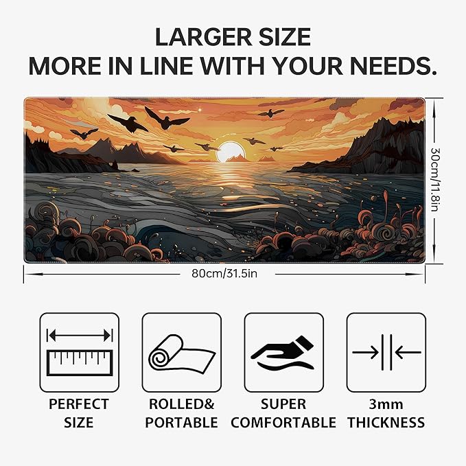 Japanese Sea Waves Large Gaming Mouse Pad,Anime Mouse Pad Gaming Mouse Mat Desk Pad,31.5 x 11.8in Desk Mat Mouse Pads for Desk,Extended Keyboard Pad XL Mousepad with Non-Slip Base and Stitched Edge