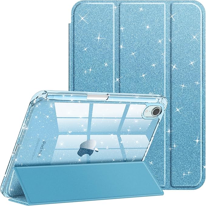 Fintie Slim Case for iPad Mini 7 (A17 Pro, 7th Generation) 2024 / iPad Mini 6 (6th Gen) 8.3 Inch - [Built-in Pencil Holder] Glittering Sparkly Shockproof Cover w/Shiny Clear Back Shell, Blue