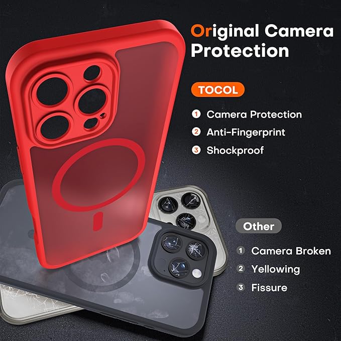 TOCOL for Phone 16 Pro Case, Compatible with Magsafe Charger, Full Camera Protection, Drop Protection, Translucent Matte Phone Case for iPhone 16 Pro 6.3 inch (Red)
