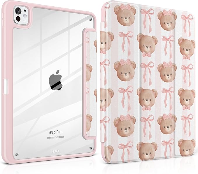 TWOLSKOO Case for iPad Pro 11-inch (M5 2025 / M4 2024), Clear Acrylic Back with TPU Bumper, Pencil Holder, Trifold Stand, Auto Sleep/Wake, Bows & Bears