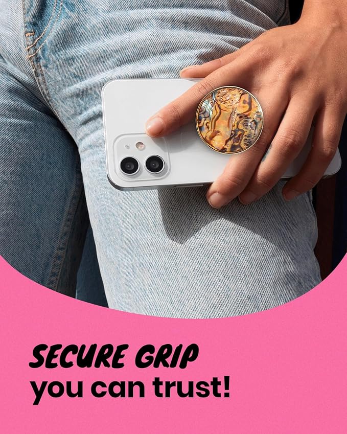 On The Grip Universal Phone Grip & Stand, Genuine Natural Gemstone/Seashell, Strong Adhesive Finger Holder, Collapsible Socket for iPhone, Samsung Galaxy, Kindle and Tablets (Leopard)