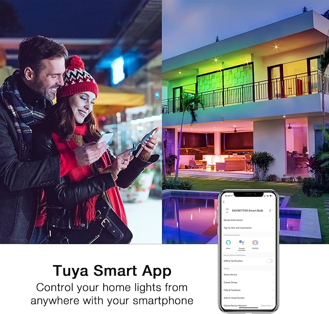 DAYBETTER Tuya Smart Light Bulbs, RGBCW Wi-Fi Color Changing Led Bulbs Compatible with Alexa & Google Home Assistant, A19 E26 9W 800LM Multicolor Led Light Bulb, No Hub Required, Light Bulbs 4 Pack