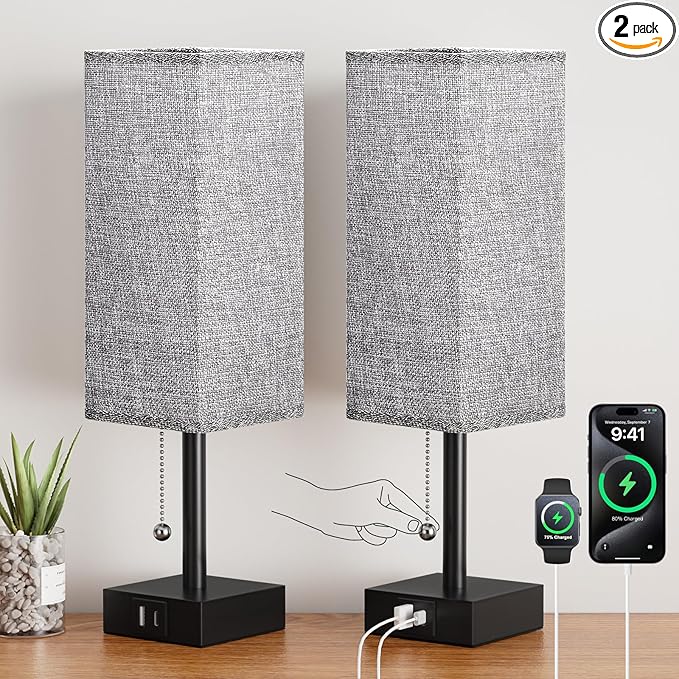 aooshine Bedside Table Lamps Set of 2 - Gray Bedroom Lamps with 3 Color Temperatures (3000K/5000K/4000K), Square Nightstand Light with USB C + A Charging Ports, Pull Chain Small Night Light