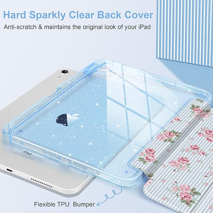DONGKE for iPad Pro 11 inch Case – Fits M5 2025 / M4 2024, Shockproof Sparkling Glitter Acrylic Back, Pencil Holder, Trifold Stand, Auto Sleep/Wake & Touch ID Support - Tiny Roses