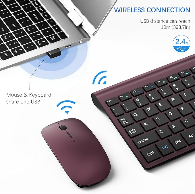 Wireless Keyboard and Mouse Ultra Slim Combo, TopMate 2.4G Silent Compact USB 2400DPI Mouse and Scissor Switch Keyboard Set with Cover, Batteries Included, for PC/Laptop/Windows/Mac - Wine Black