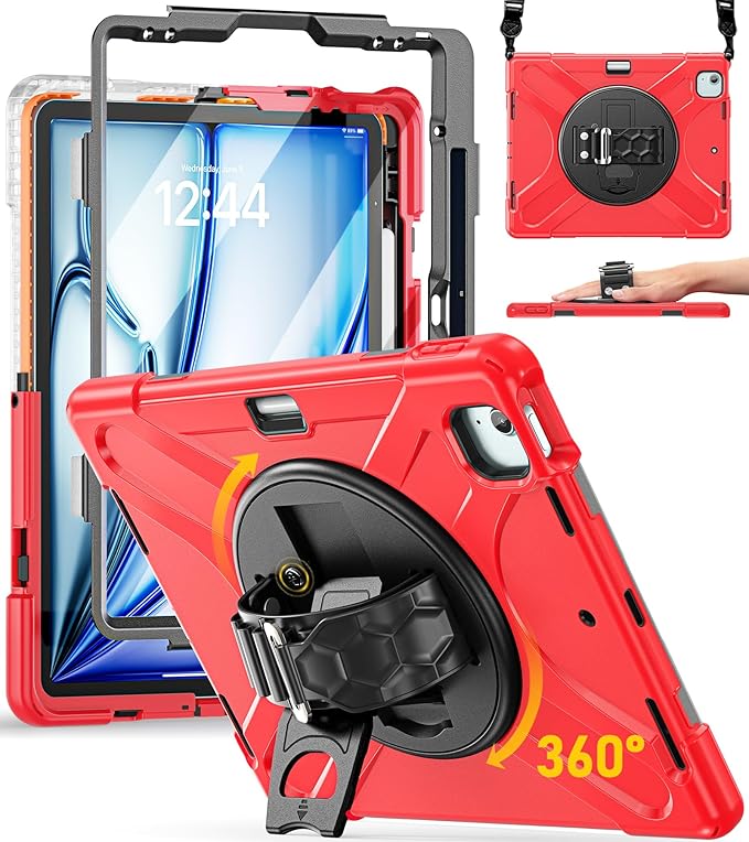BRAECN Case for iPad Air 13 Inch 2026(M4)/2025(M3)/2024(M2) & iPad Pro 12.9''(2022/2021/2020/2018), Full-Body Protection Screen Protector Pencil Holder 360° Rotating Handle Kicktand Kids Friendly