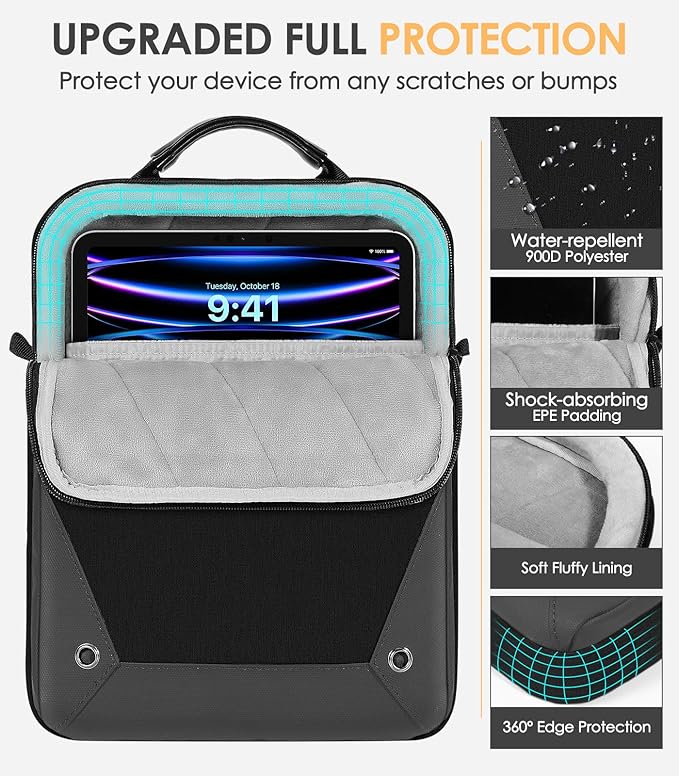 MoKo 9-11 Inch Tablet Sleeve Bag 360° Protetive Carrying Case Compatible with iPad 10th 10.9, iPad Air 5/4th 10.9, iPad 9/8th 10.2, iPad Pro 11, Tab S8/S9 11, with Handle and Shoulder Strap, Black