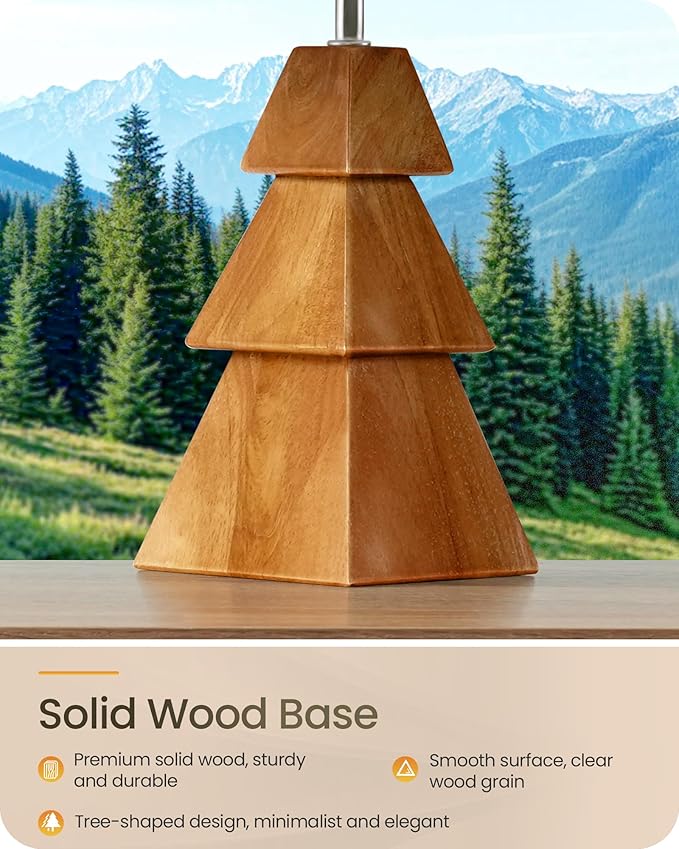 Wood Table Lamp, Wood Bedside Lamp with Tree-Shaped Base & Linen Lampshade, Modern Cute Desk Lamp for Living Room, Bedroom, E26 Base, Bulb Not Included, Beige and Dark Natural LE08TL05