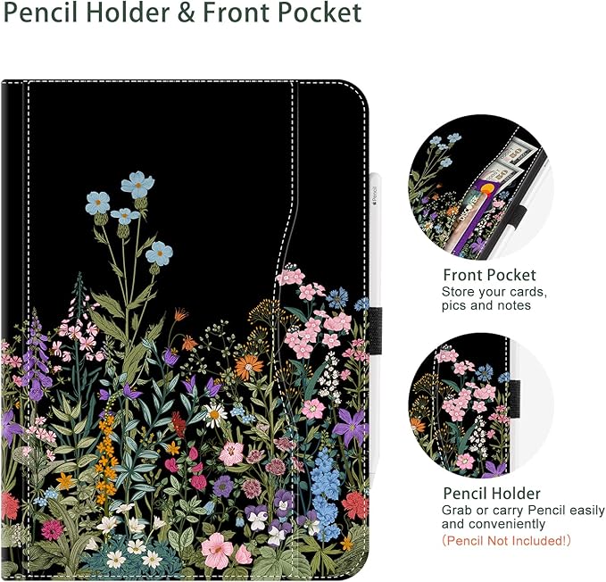 for iPad (A16) 11Th/10Th Generation Case 2025/2022, for iPad Case 11Th/10Th Generation, 10Th/11Th Gen iPadCase Cover Pencil Holder/Hand Strap/Pocket/Adjustable Stand, Black Flower Floral