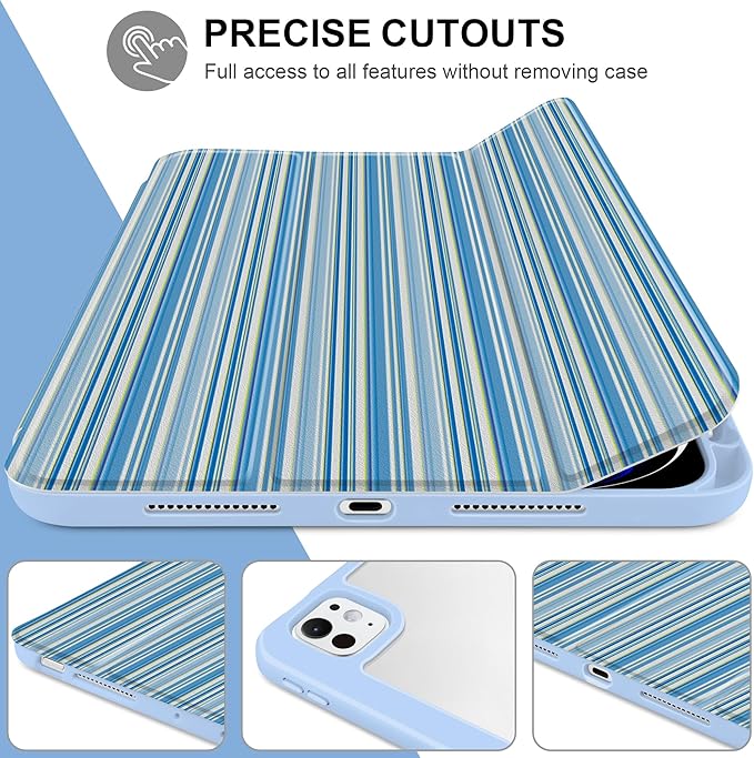 TWOLSKOO Case for iPad Pro 11-inch (M5 2025 / M4 2024), Clear Acrylic Back with TPU Bumper, Pencil Holder, Trifold Stand, Auto Sleep/Wake, Blue Stripes