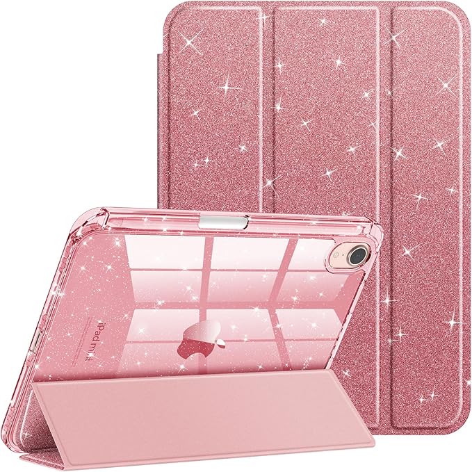 Fintie Slim Case for iPad Mini 7 (A17 Pro, 7th Generation) 2024 / iPad Mini 6 (6th Gen) 8.3 Inch - [Built-in Pencil Holder] Glittering Sparkly Shockproof Cover w/Shiny Clear Back Shell (Rose Gold)