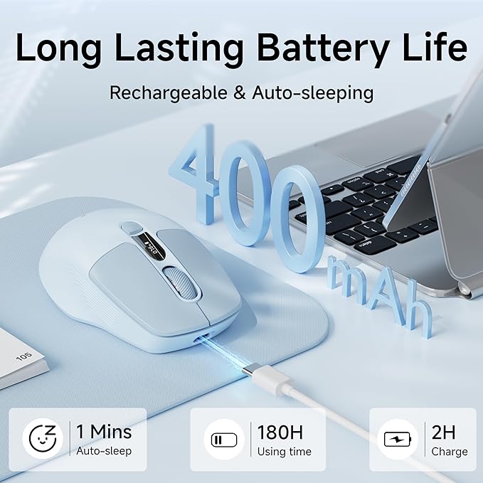 EWEADN Q1 Wireless Bluetooth Mouse, BT & 2.4G Computer Mouse with Battery & DPI LED Screen Display, Type-C Rechargeable with 1600 DPI Levels, 6 Button Silent Ergonomic Mouse for Laptop/PC/Mac-Blue
