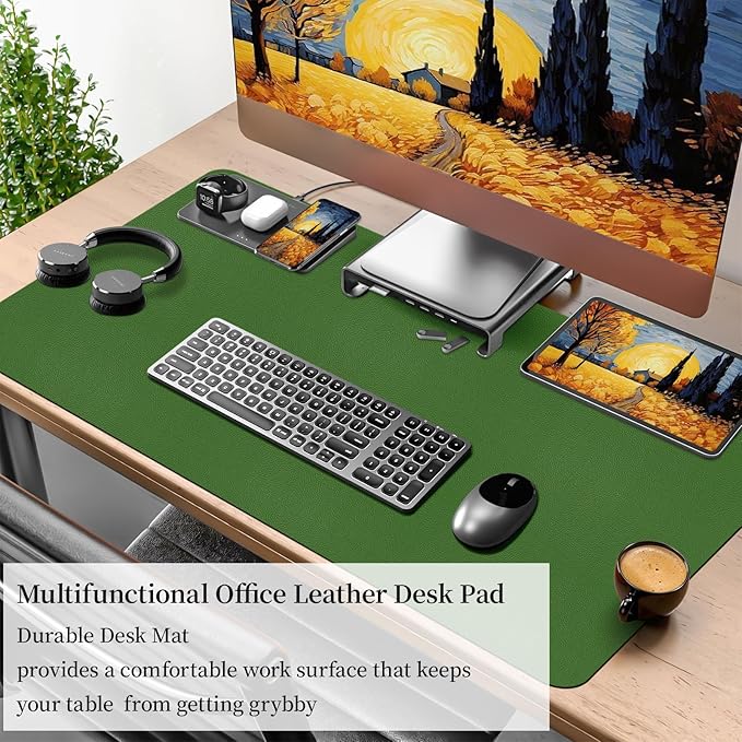 Bloss Green Leather Mouse Pad,Leather Desk Mat Protector,Dual-Side Use Mouse Mats,Office Desks Mats,Laptop Protector Desks Mat,Waterproof Keyboard Pads,Desk Writing Pad for Office/Home.31.5"x 15.7"