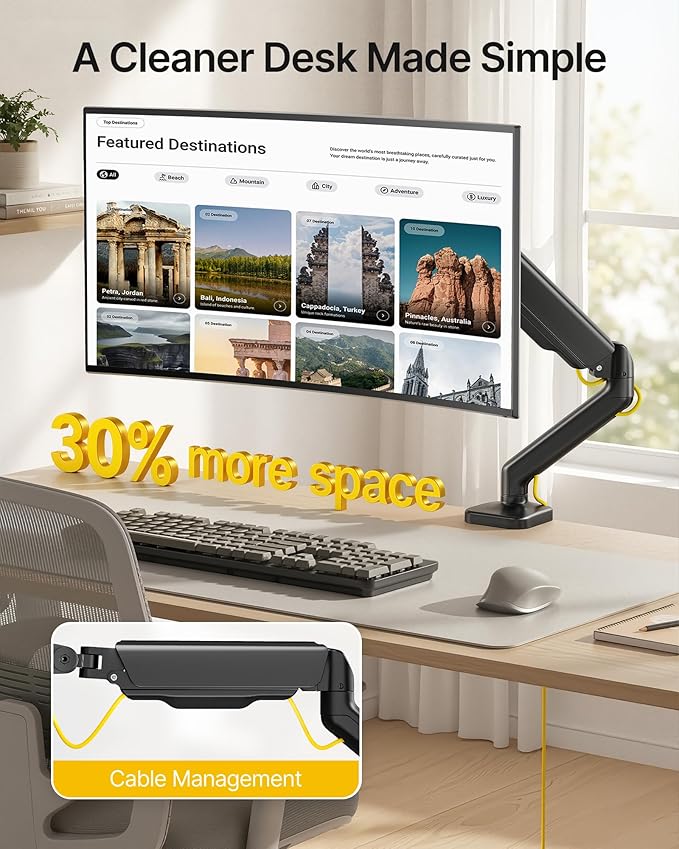 monTEK Heavy Duty Single Monitor Arm for 17-32” Flat/Curved Screens, Premium Mechanical Spring Monitor Arm up to 19.8 lbs, Full Motion Monitor Desk Mount with Quick-Release VESA Plate, Clamp/Grommet
