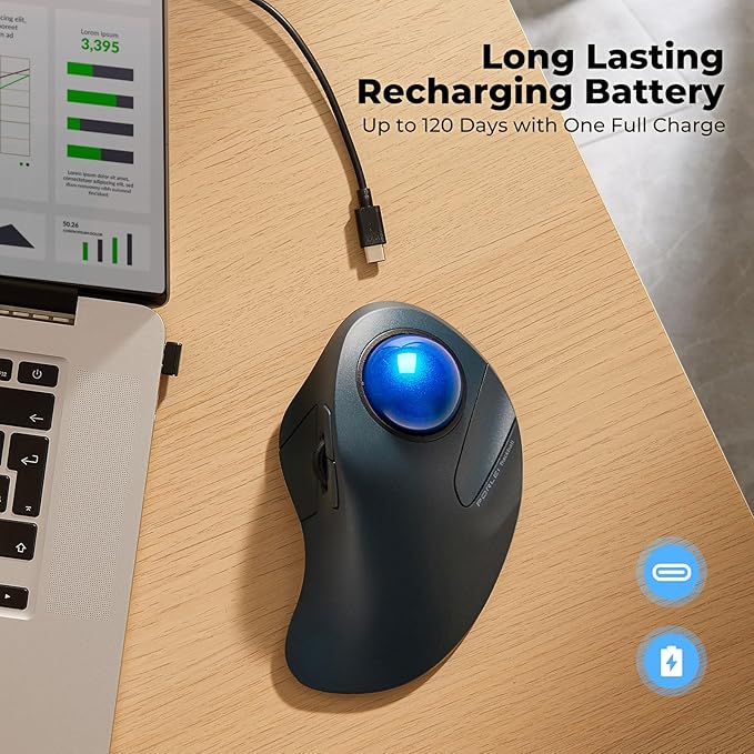 Wireless Trackball Mouse for Large Hands, Ergonomic Index Finger Control, Rechargeable Bluetooth/USB Mouse with Precise Smooth Tracking, Multi-Device Connection for Windows & Mac, Dark Blue