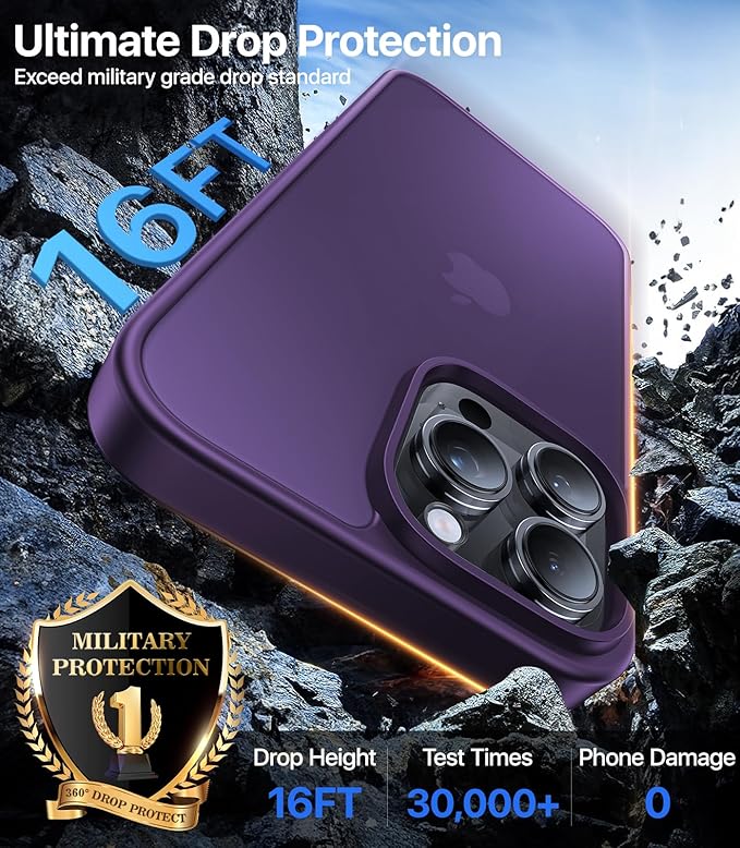 for iPhone 15 Pro Max Case[Military-Grade Drop Protection][Anti-Yellowing] Shockproof Protective Translucent Matte Cover for iPhone 15 Pro Max Phone Case,Dark Purple