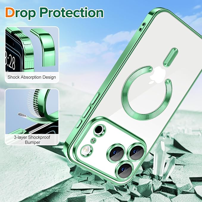 Hython Magnetic Clear for iPhone 17 Pro Max Case with Camera Lens Protector [Compatible with MagSafe] Plating Edge Slim Soft TPU Cover Protective Phone Case for iPhone 17 Pro Max 6.9", Light Green