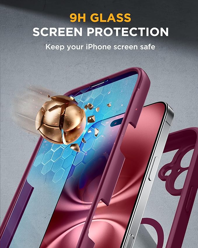 Miracase Magnetic for iPhone 16 Plus Case Full-Body Phone with Built-in Glass Screen Protector, [Compatible with MagSafe] Military Drop Proof 16 Plus Cover 6.7 inch, Plum