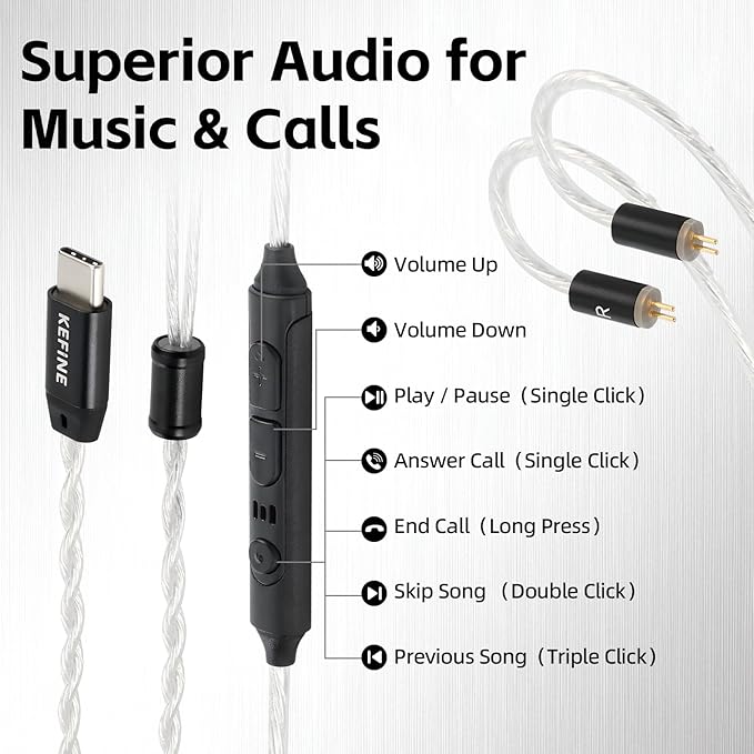 Klean SV in Ear Monitor, 10mm Full-DLC Diaphragm Dynamic Driver IEM, 3 Interchangeable Tuning Nozzles, HiFi Wired Earbuds, Detachable Cable for Audiophile, Musician & Gaming（USB-C with Mic