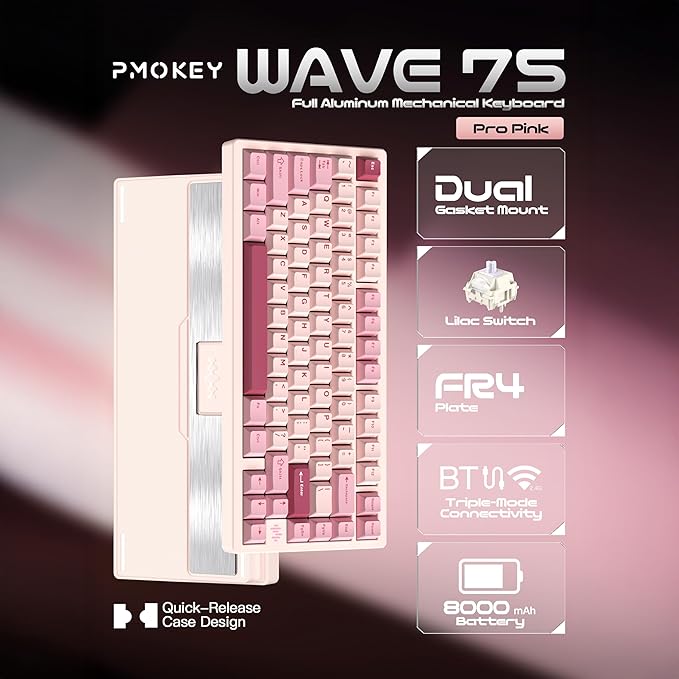 KEEBMONKEY PMOKEY Wave 75 CNC Aluminum Quick Release Tri-Mode Wireless Gaming Keyboard,QMK/VIA Tri-Mode Mechanical Keyboard with 8000mAh Battery,Hot-Swappable with RGB for Windows/Mac/PC (Pro Pink)