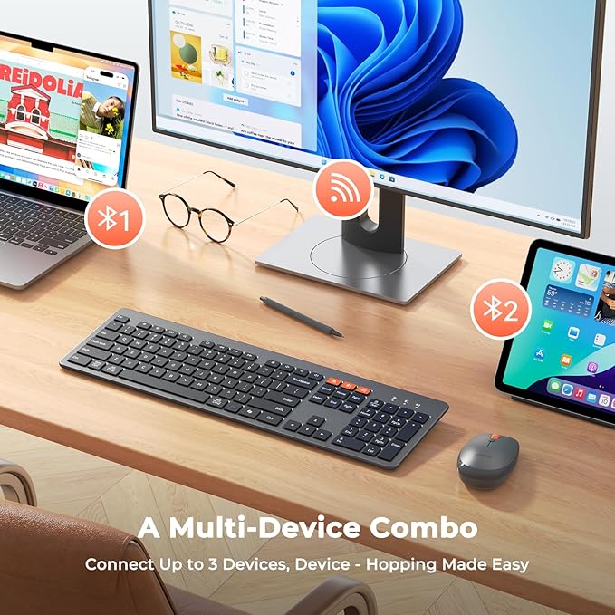 MEETION Wireless Keyboard and Mouse, Ultra Slim Multi-Device Bluetooth Keyboard Mouse, Low-Profile Full Size Keyboard, 1200-3200 DPI Mice, for Computer PC Laptop Tablet iPad, Windows/Mac/iOS