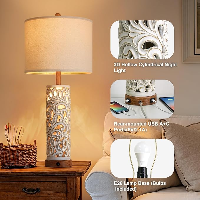OYEARS 2-in-1 Light Table Lamp Set of 2 for Living Room, 28.5" Farmhouse Bedside Lamps with USB Charging Port, Main&Night Light & Dual Switches, Nightstand Lamp for Bedroom Home Office(Bulb Included)