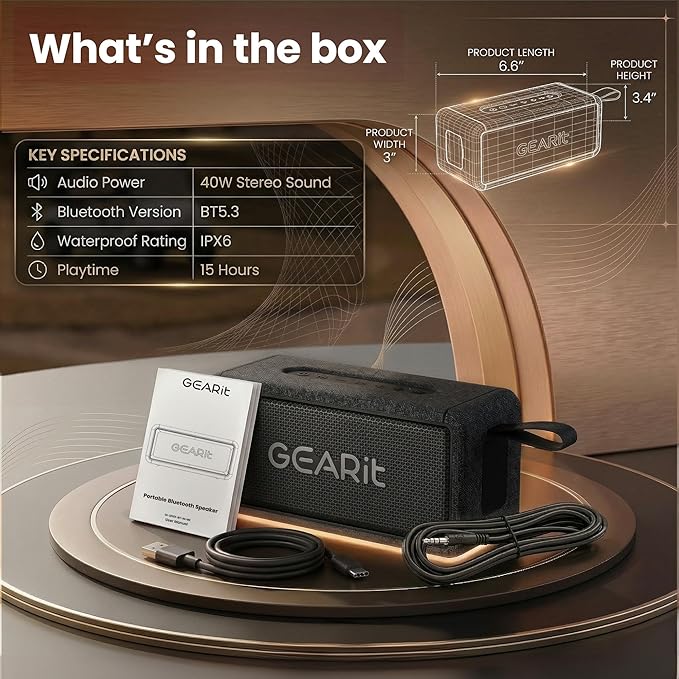 GEARit Portable Wireless Speaker | 40W Bluetooth Speaker V5.3 Deep Bass | IPX6 Waterproof TWS Pairing 15H Playtime Aux/USB/MicroSD for Camping Beach Party Garage RV Birthday Gifts