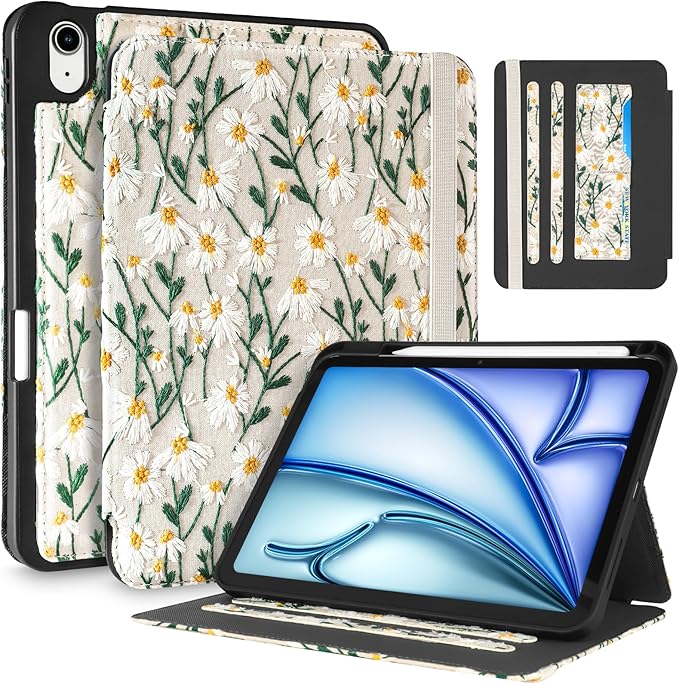 Uppuppy for iPad Air 11 inch Case M3 2025/M2 2024 - Air 5th/4th Generation Case 10.9'' Women Girls Cute Embroidered Folio Stand Cover with Pencil Holder & Card Slot Girly Daisy Flowers Design Cases