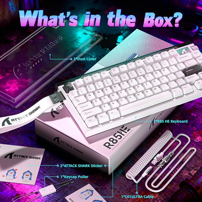 ATTACK SHARK R85 HE 75% Magnetic Wired Gaming Keyboard,8KHz Polling Rate Rapid Trigger,0.005mm RT Precision,256K Scan Rate,Custom Hot-Swappable,Web Driver PC Keyboard for Gamer/Win/Mac,Starlight White