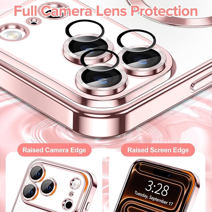 Hython Magnetic Clear for iPhone 17 Pro Max Case with Camera Lens Protector [Compatible with MagSafe] Plating Edge Slim Soft TPU Cover Protective Phone Case for iPhone 17 Pro Max 6.9", Pink