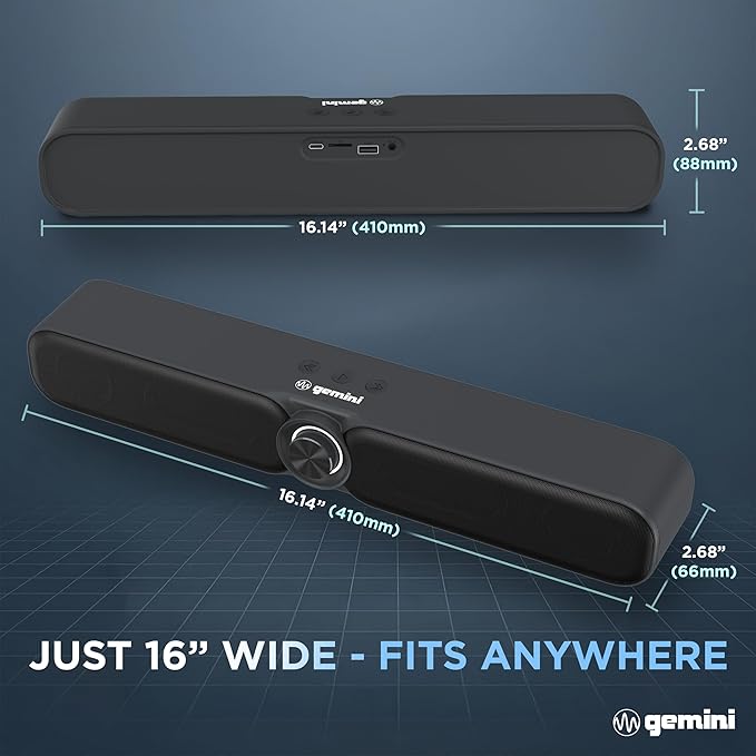 Gemini Portable Bluetooth Soundbar with FM Radio, USB & microSD Wireless Speaker with 3600mAh Battery, Multiple Input Modes, Compact Gaming & Outdoor Audio Bar (GSBR-20)