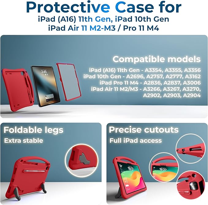 Bam Bino Space Suit, iPad Air 11 Inch Case Kids(M2/M3/M4) iPad Pro 11inch(M4/M5), iPad A16(11thGen), iPad 10thGeneration Built-in Screen Protector, Handle, Kick Stand, Shoulder Strap (Watermelon Pink)