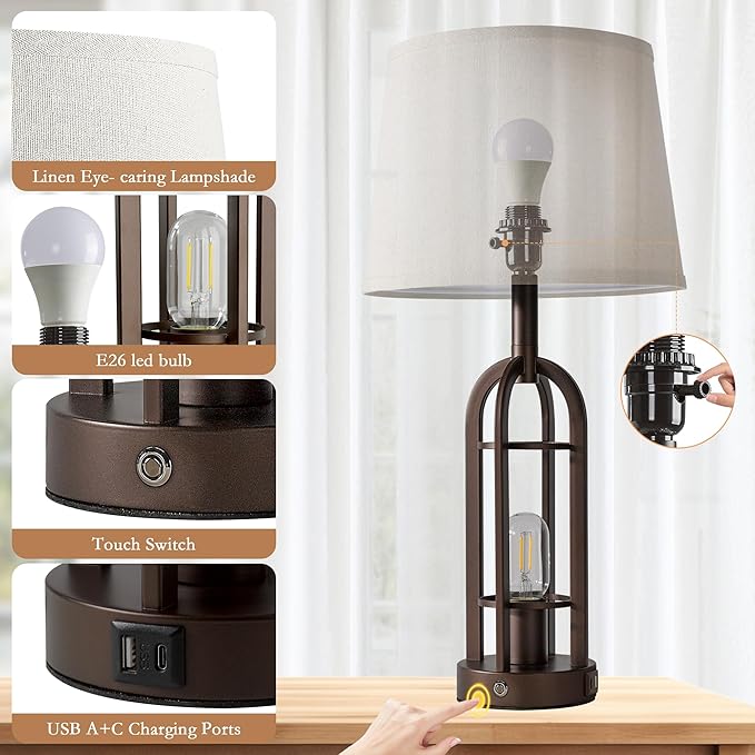 SRJJA 24" Table Lamps for Living Room Set of 2, Rustic Farmhouse 3-Way Dimmable Touch Industrial Bedside Lamps with USB A+C for Bedroom Nightstand，4 Bulbs Included