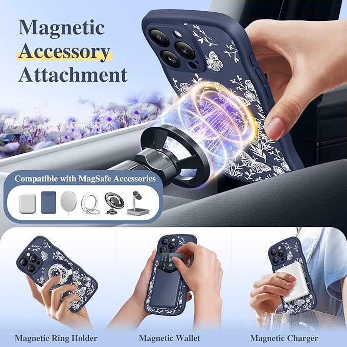 GVIEWIN for iPhone 15 Pro Max Case Compatible with MagSafe [Curly Wave Edge][Full Camera Protection] Floral Translucent Shockproof Magnetic Women Phone Case for 15 Pro Max 6.7'', Tuberose/Blue