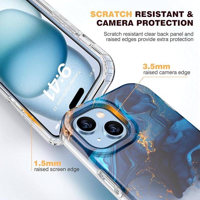 Diaclara Designed for iPhone 15 Plus Case 6.7 Inch, Full Body Rugged Case with Built-in Touch Sensitive Anti-Scratch Screen Protector + Glass Camera Lens Protector for iPhone 15 Plus,Water Blue