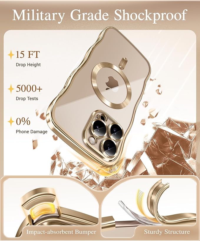GVIEWIN for iPhone 16 Pro Max Case Compatible with MagSafe, Upgraded [Full Camera Protection][Cute Wave Frame][Military Grade Protection] Electroplated Soft Phone Cover for Women Girl, Clear/Gold