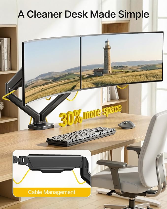 monTEK Heavy Duty Dual Monitor Arm for 17-32” Flat/Curved Screens, Premium Mechanical Spring Monitor Arm up to 19.8 lbs, Full Motion Monitor Desk Mount with Quick-Release VESA 75/100mm, Clamp/Grommet