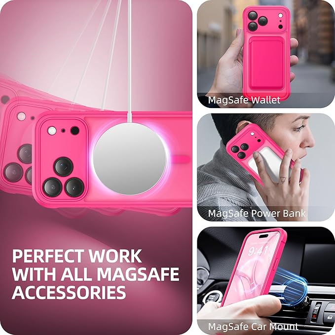 BERFY for iPhone 17 Pro Case, Compatible with MagSafe, Built-in Glass Screen Protector, Camera Protection, Shockproof Full Body Phone case 6.3", Translucent Hot Pink