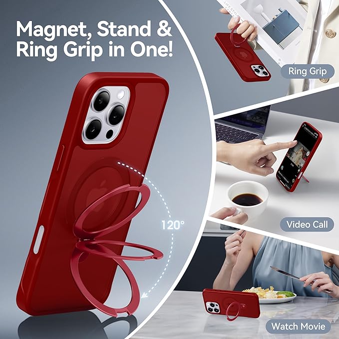 CASEKOO Ultra-Magnetic Stand for iPhone 16 Pro Max Case [Military Drop Protection] [Compatible with MagSafe] Shockproof Translucent Matte Slim Ring Holder Case for iPhone 16 ProMax 6.9", Red
